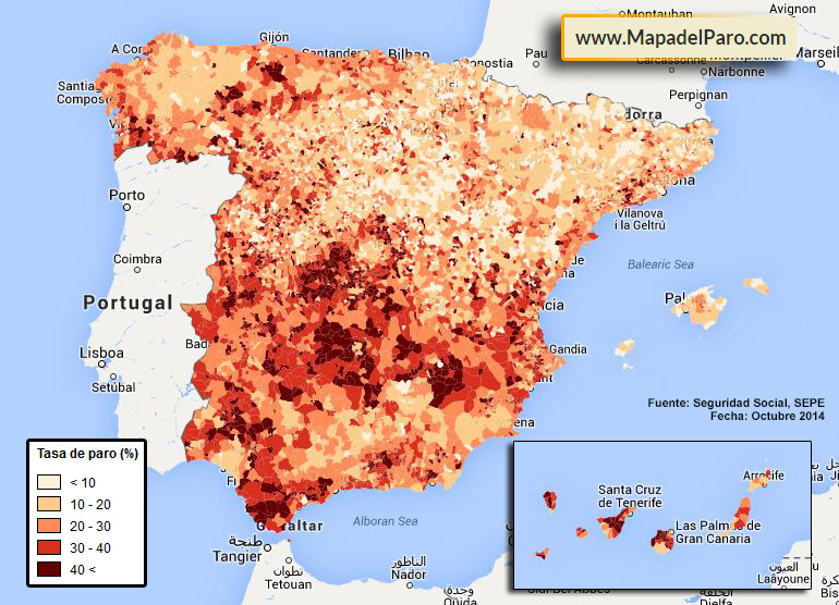 Mapa de la Tasa de Paro por municipios en España